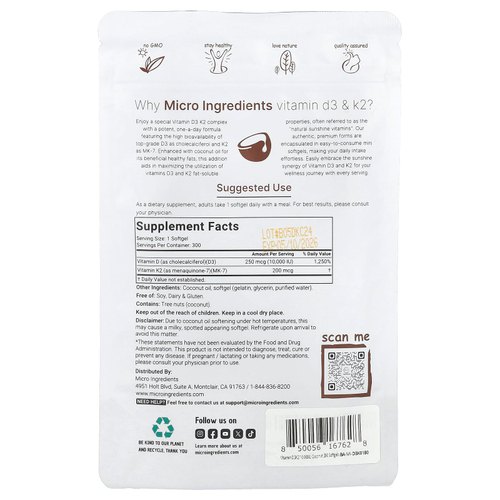 Micro Ingredients, Витамины D3 и K2, 300 мягких таблеток