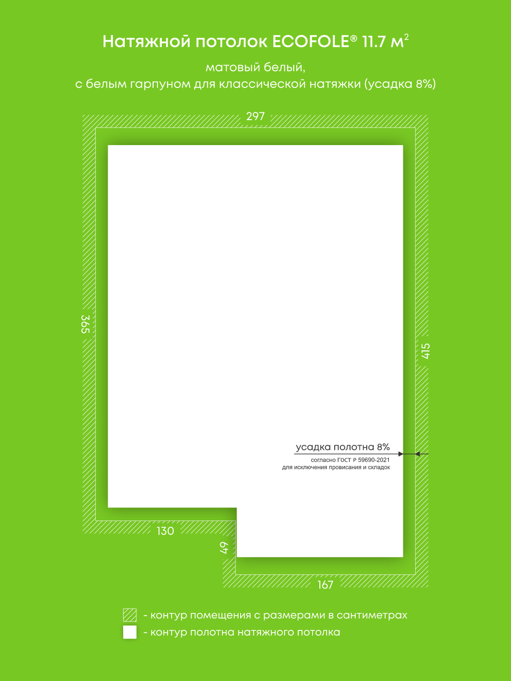 Матовый натяжной потолок 11.7 м2
