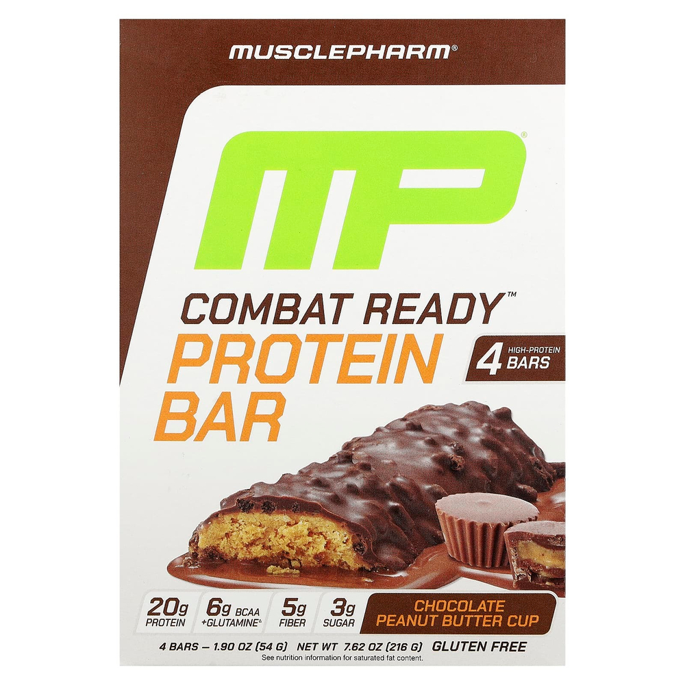 MusclePharm, Протеиновый батончик Combat Ready ™, шоколадный батончик с арахисовым маслом, 4 батончика, 54 г (1,9 унции)