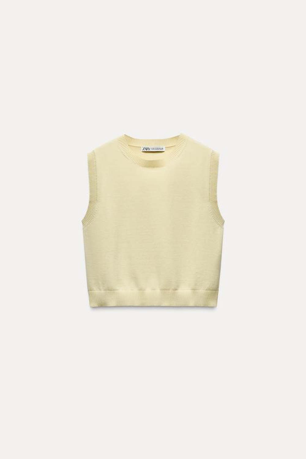 ZARA ОДНОТОННЫЙ ТРИКОТАЖНЫЙ ТОП БЕЗ РУКАВОВ, СВЕТЛО-ЖЕЛТЫЙ