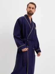 Халат мужской TНOMAS сатиновый с кантом и вышивкой Синий "Polens"