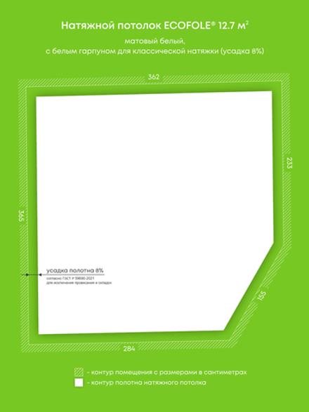 Матовый натяжной потолок 12.7 м2