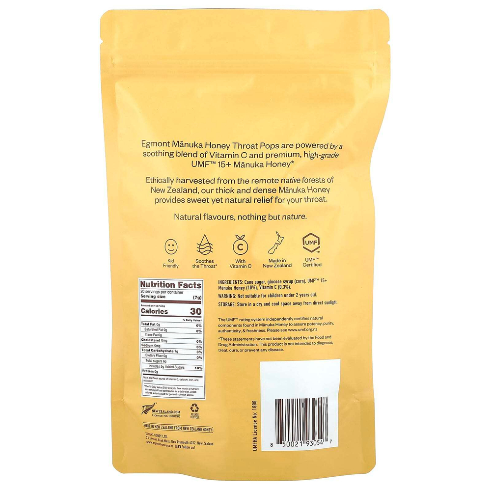 Egmont Honey, Manuka Honey Throat Pops, UMF ™ 15+, 20 леденцов, 140 г (4,94 унции)