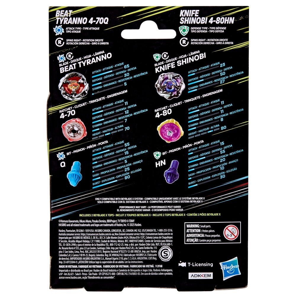 Hasbro Beyblade X - Бит Тиранно 4-70Q и Нож Шиноби 4-80HN 2-PAK пополнение G1542