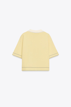 ZARA ВЯЗАНЫЙ ЖАКЕТ-ПОЛО С ДЕКОРАТИВНОЙ ОТСТРОЧКОЙ, ЖЕЛТЫЙ