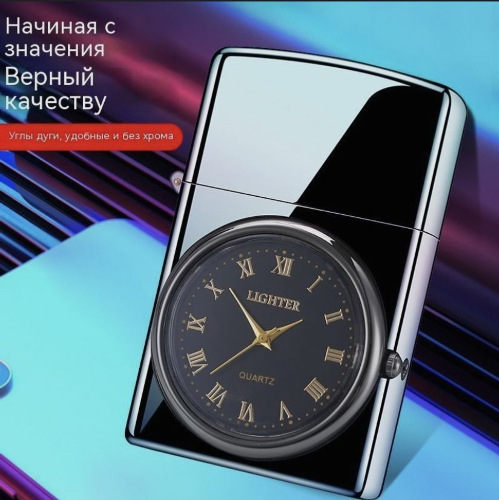 газовая турбо-зажигалка с часами подарочная, золотая