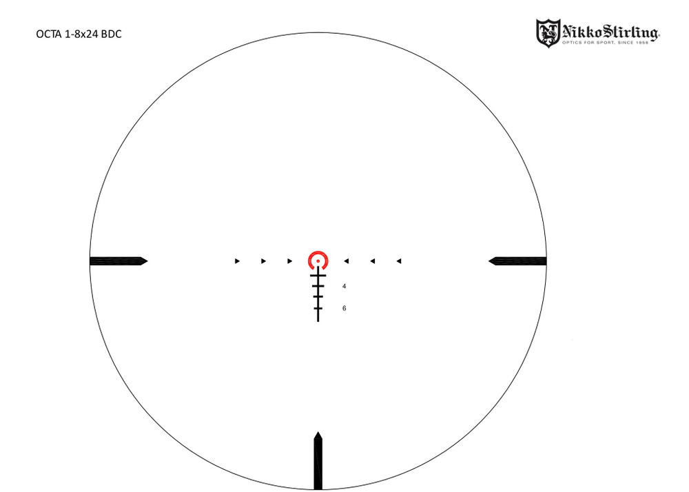 Прицел Nikko Stirling серии OCTA 1-8x24, BDC грав., подсветка красная, 30мм, длина 260мм, 550г (12 шт./уп.)