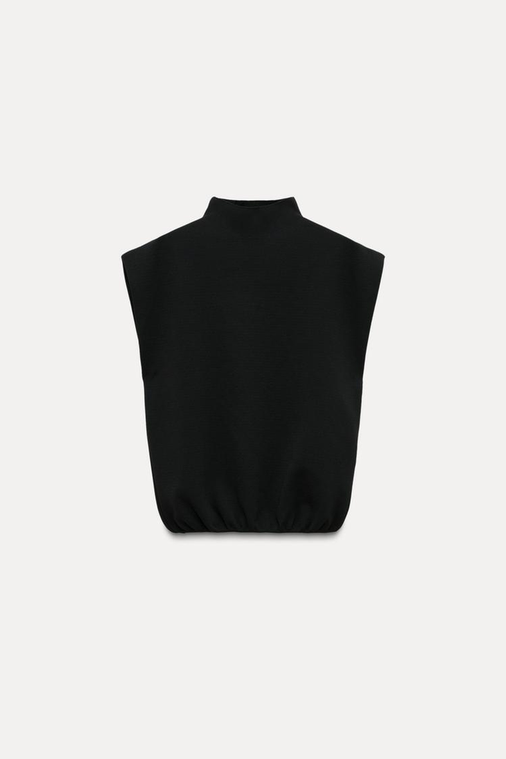 ZARA ОДНОТОННЫЙ ТРИКОТАЖНЫЙ ТОП С ВОРОТНИКОМ-СТОЙКОЙ, ЧЕРНЫЙ