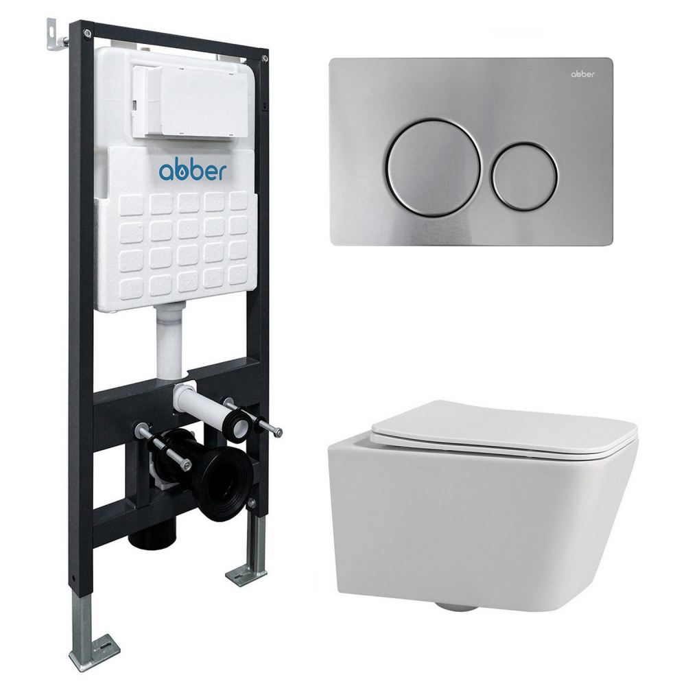 Комплект подвесной унитаз ABBER Rechteck AC1201 белый с инсталляцией AC0105 и кнопкой AC0121MCH матовый хром