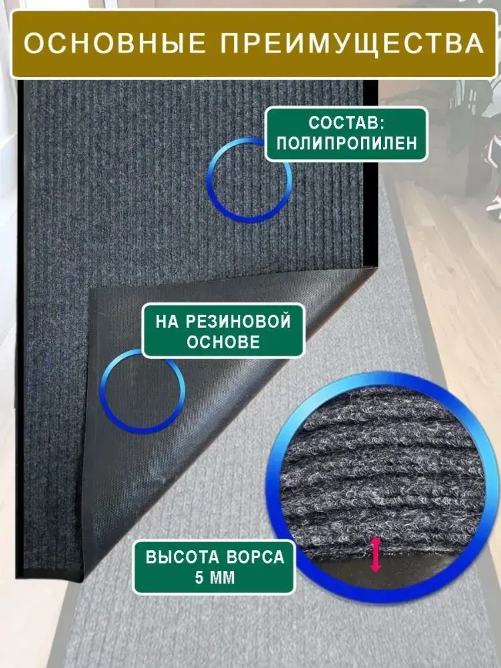 Ковролин на резиновой основе 80х250 для дома и офиса Серый