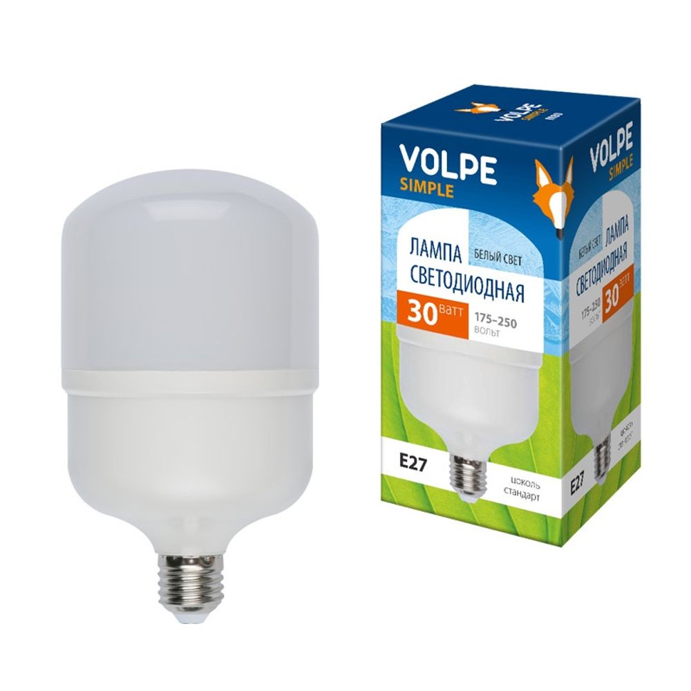 LED-M80-30W-NW-E27-FR-S Лампа светодиодная с матовым рассеивателем. Материал корпуса термопластик. Цвет свечения белый. Серия Simple. Упаковка картон. ТМ Volpe