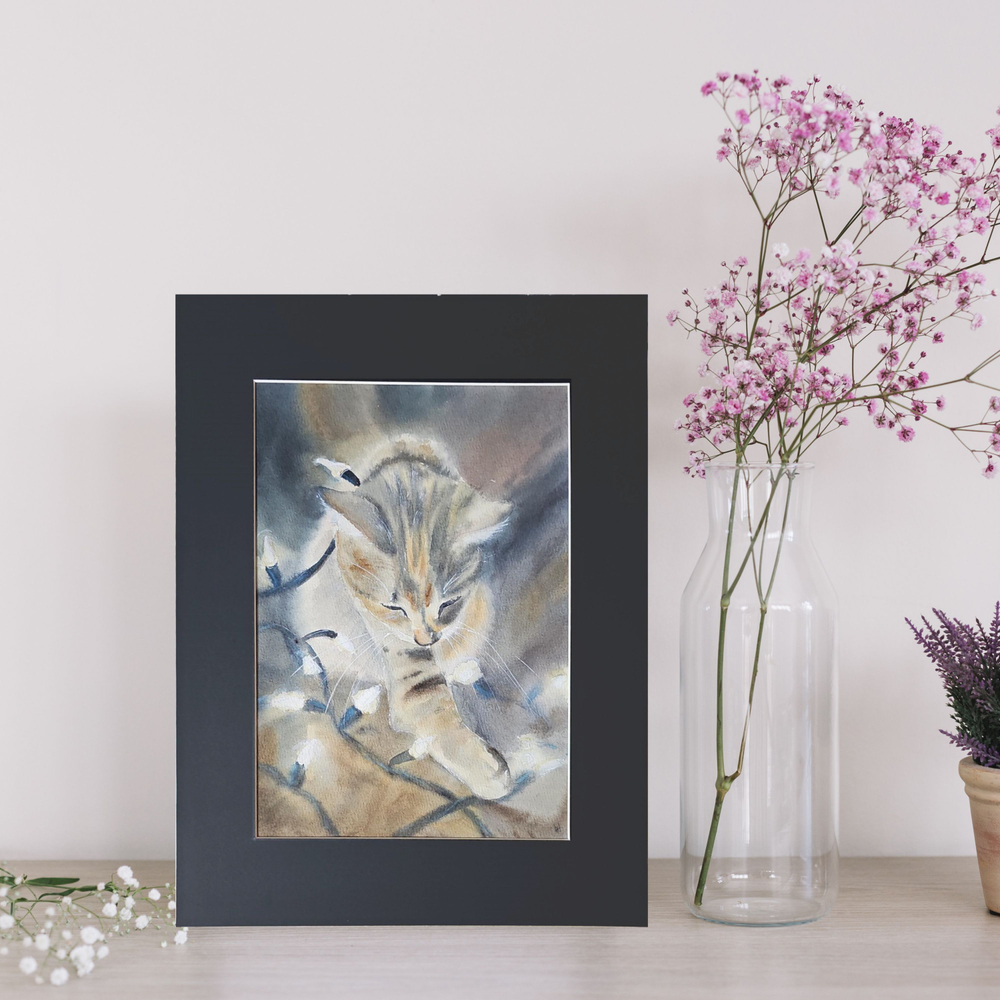 Картина авторская акварельная в паспарту 30х40 см на стену для интерьера "Шалунишка"