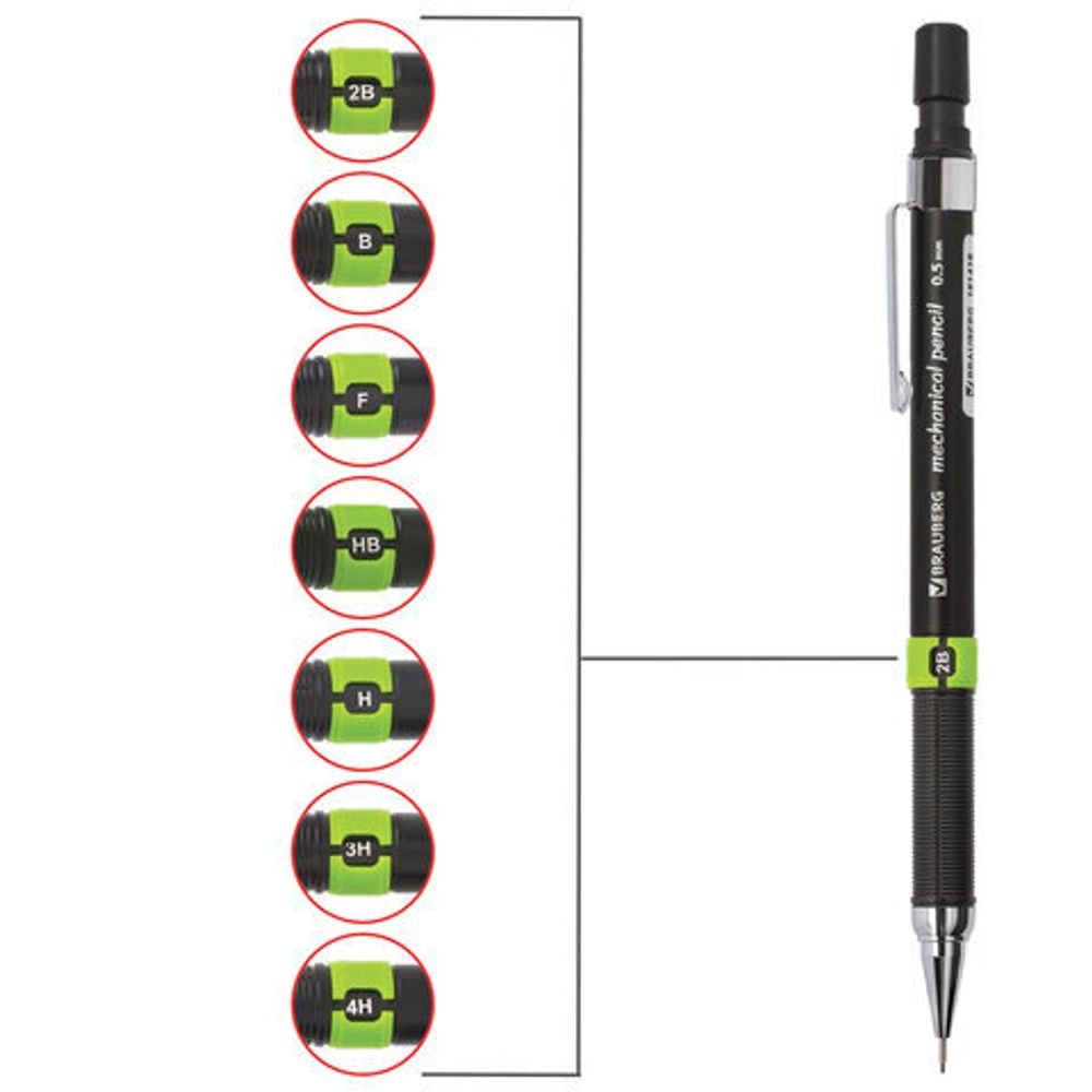 Карандаш механический 0,5 мм, BRAUBERG "Ring", ластик, корпус черный, детали ассорти, 181418