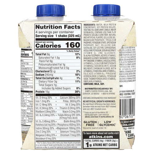 Atkins, Насыщенный протеином коктейль, кремовая ваниль, 4 коктейля, по 325 мл (11 жидк. унц.)