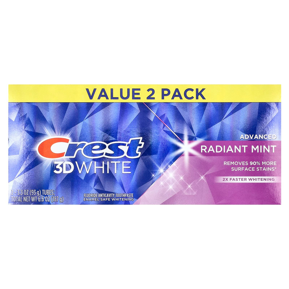 Crest, 3D White, улучшенная формула, зубная паста против кариеса с фторидом, со вкусом мяты, 2 тюбика по 93 г (3,3 унции)