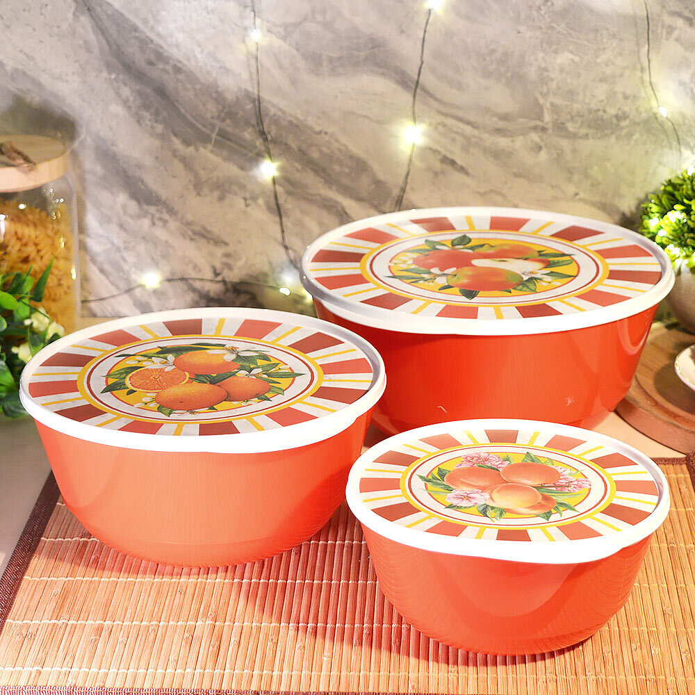 Набор мисок 3шт (1л, 2л, 3л) с крышками "Bergamo" с декором "Сицилия", цвет красный