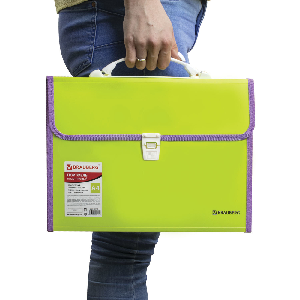 Папка-портфель пластиковая BRAUBERG "JOY" А4 (330х245х35 мм) 13 отделений с окантовкой салатовая (2 штуки в упаковке)