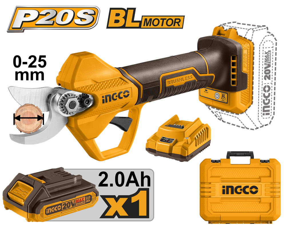 Аккумуляторный секатор INGCO CSSLI202581 INDUSTRIAL 20 В 25 мм 1x2 Ач