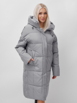 Пальто летучая мышь женское с капюшоном зимнее серого цвета 9619Sr