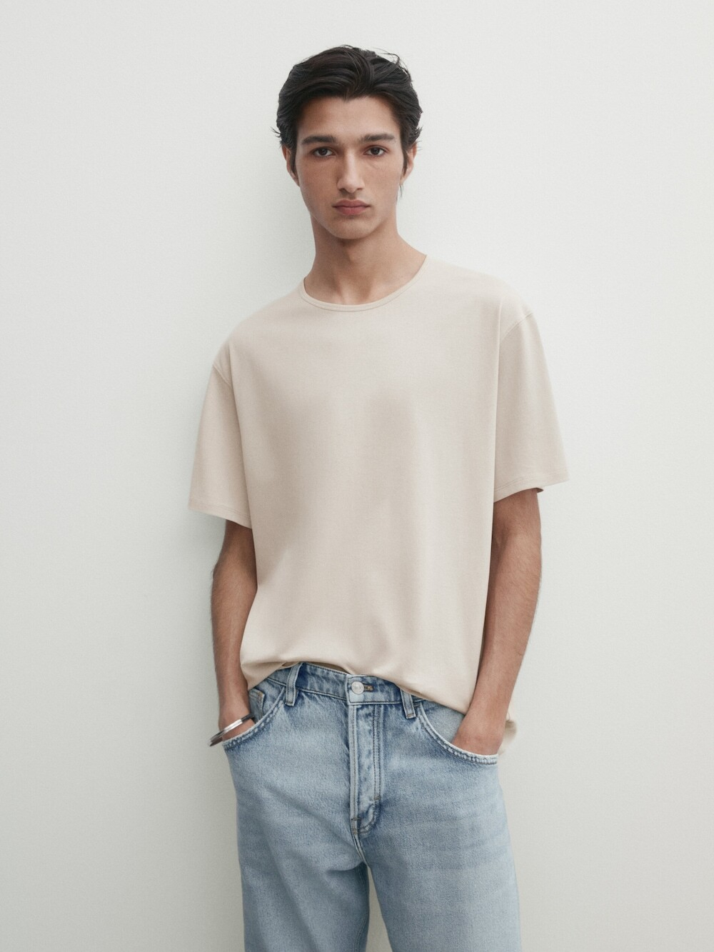 Massimo Dutti Хлопковая футболка с короткими рукавами, натуральный, кремовый