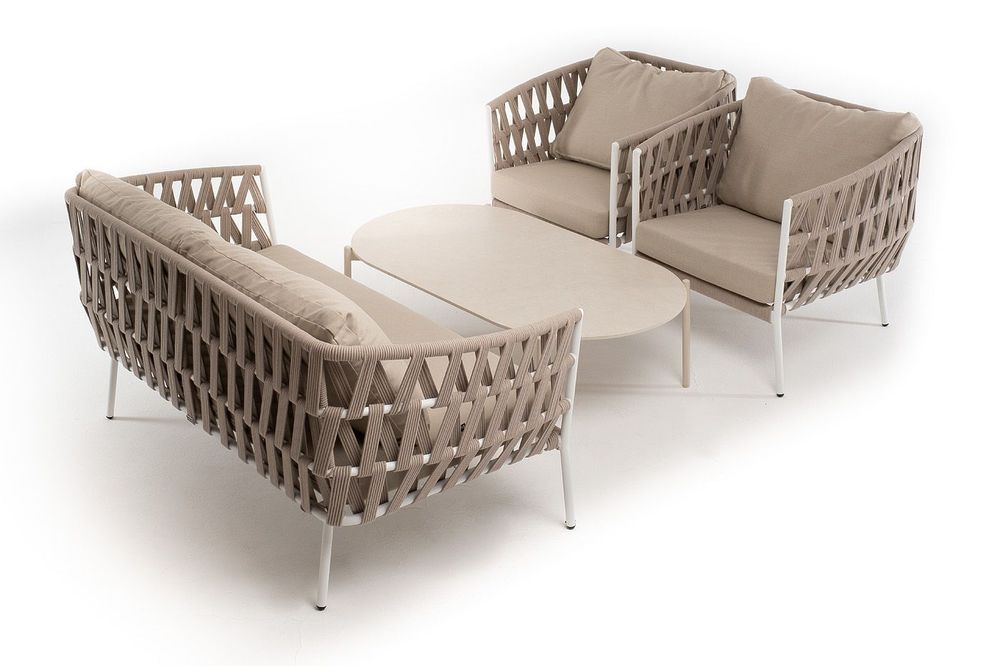 "Диего" лаунж-зона 4-местная плетеная из роупа (веревки), каркас алюминиевый белый, роуп бежевый