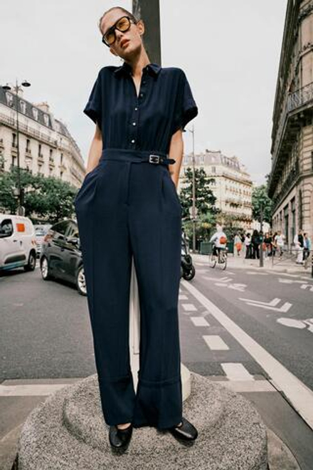 ZARA ДЛИННЫЙ КОМБИНЕЗОН ИЗ КРЕПА, МОРСКОЙ СИНИЙ