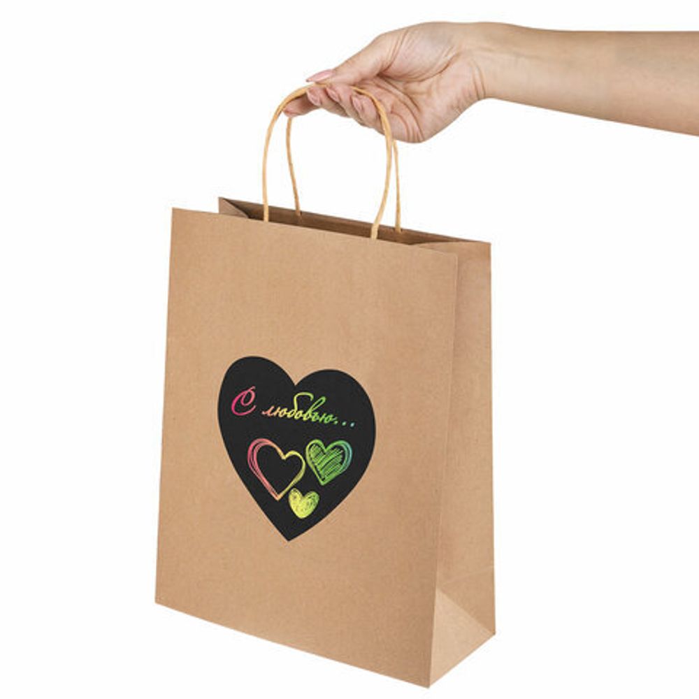 Пакет подарочный КОМПЛЕКТ 7 шт., 26x13x32 см, скретч-слой + стилус, "Heart on Kraft", ЗОЛОТАЯ СКАЗКА, 591971