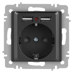 Розетка Intro Accent 6-410-07 с заземлением 2P+E Schuko со шторками 16А-250В + 2хUSB IP20 СУ графит | Intro