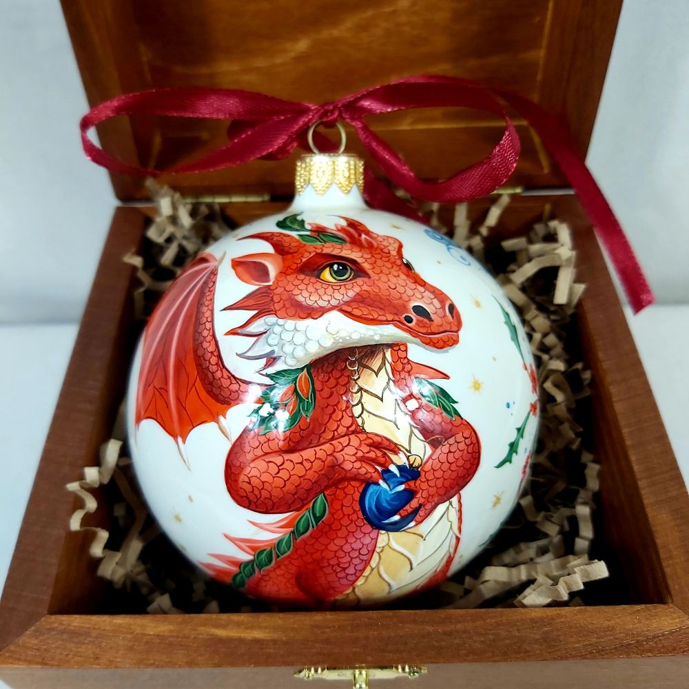 Коллекционный елочный шар с росписью Палех "Дракон" в деревянной шкатулке