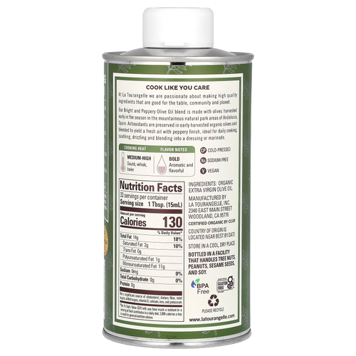 La Tourangelle, органическое нерафинированное оливковое масло высшего качества, яркий и перечный вкус, 500 мл (16,9 жидк. унции)