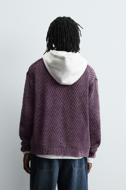 ZARA КАРДИГАН С РЕЛЬЕФНЫМ УЗОРОМ И ЭФФЕКТОМ ПОТЕРТОСТИ, СИРЕНЕВЫЙ