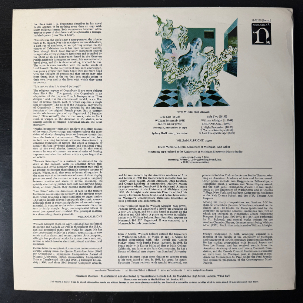 William Bolcom,William Albright, Sydney Hodkinson ‎– New Music For Organ (Англия 1971г.)