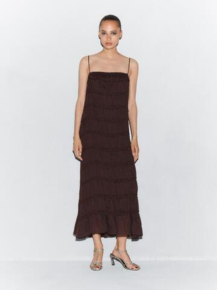 Massimo Dutti Длинное платье из струящейся смесовой льняной ткани, бордо