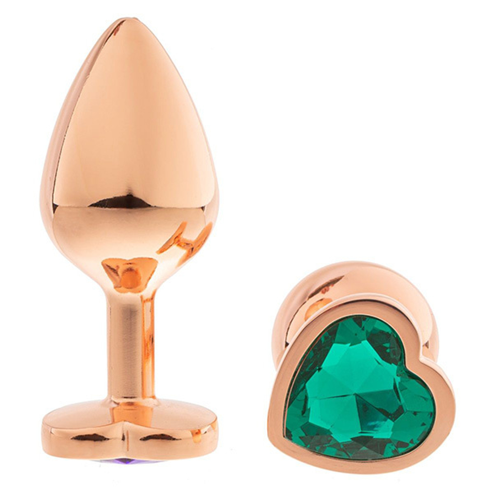 Золотистая анальная пробка OYO 7,3см с изумрудным кристаллом-сердцем