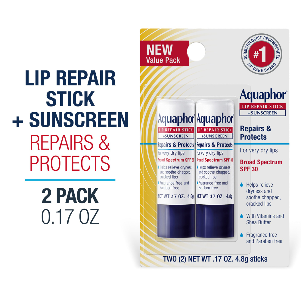Aquaphor, Стик для восстановления губ + солнцезащитный крем, SPF 30, без отдушек, 2 стика по 4,8 г (0,17 унции)