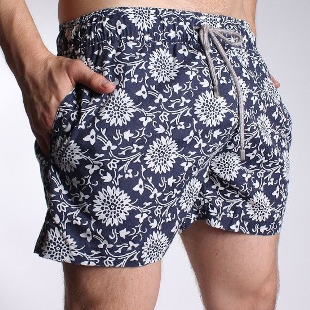 Мужские шорты пляжные темно-синие с цветами Vilebrequin Navy Shorts