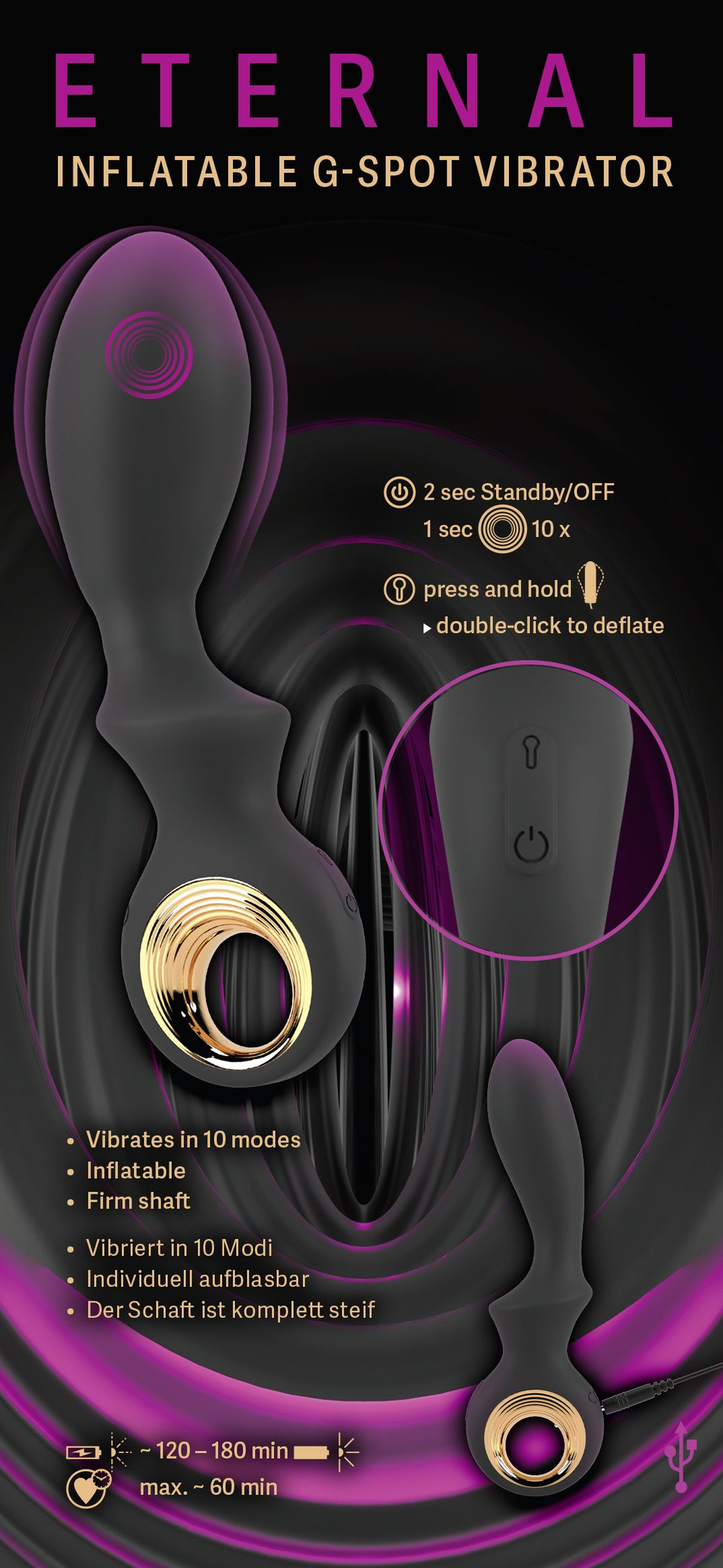 Черный вибратор для точки G с функцией расширения - 18,1 см. (Цвет: черный)