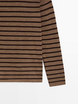 Massimo Dutti Футболка из смесового хлопка в полоску с длинными рукавами, светло-коричневый