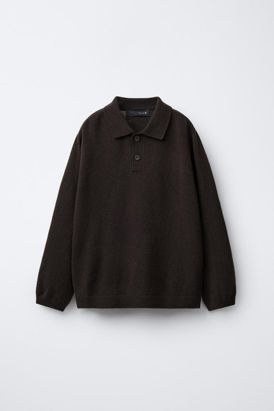 ZARA ПОЛО С ДЛИННЫМИ РУКАВАМИ С ВОРОТНИКОМ НА ПУГОВИЦАХ, ТЕМНО-КОРИЧНЕВЫЙ