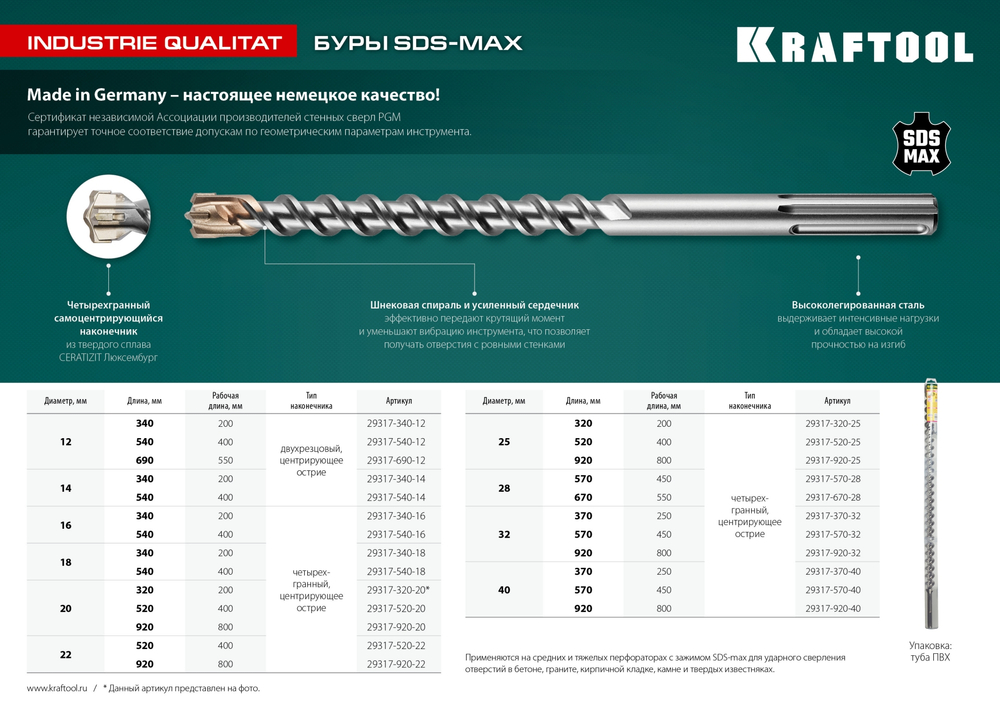 KRAFTOOL Industrie Qualit, 18 x 200/340 мм, SDS-max бур (29317-340-18)