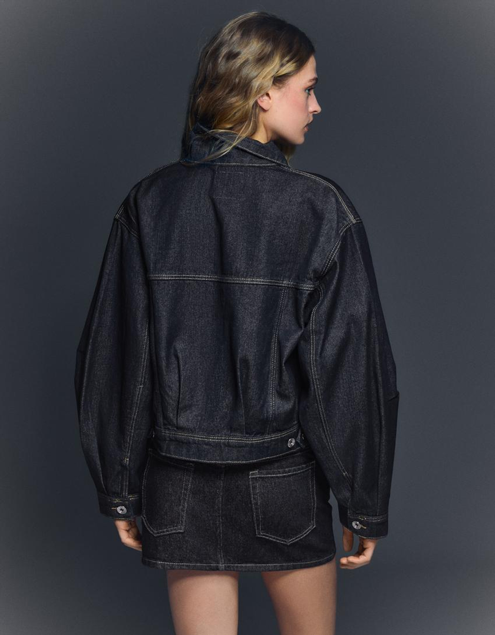 BERSHKA Укороченная джинсовая куртка-баллон, морской синий