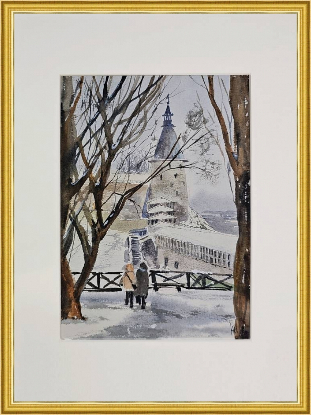 Картина авторская акварельная в паспарту 21х30 см на стену для интерьера "Прогулки по Пскову"