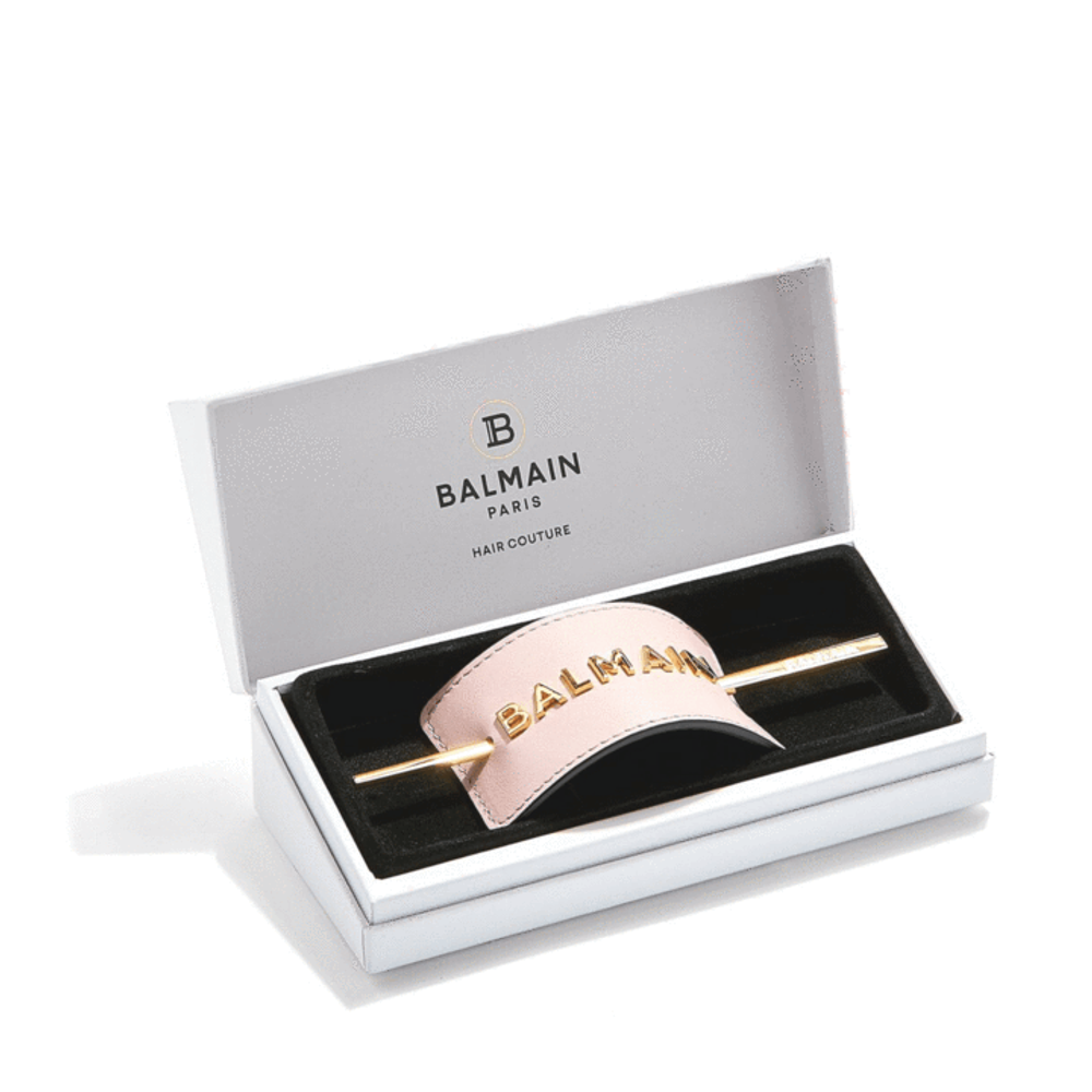 Balmain Hair Couture Заколка для волос кожаная розовая с золотым логотипом Genuine Pink Leather Hair Clip Golden logo Vintage