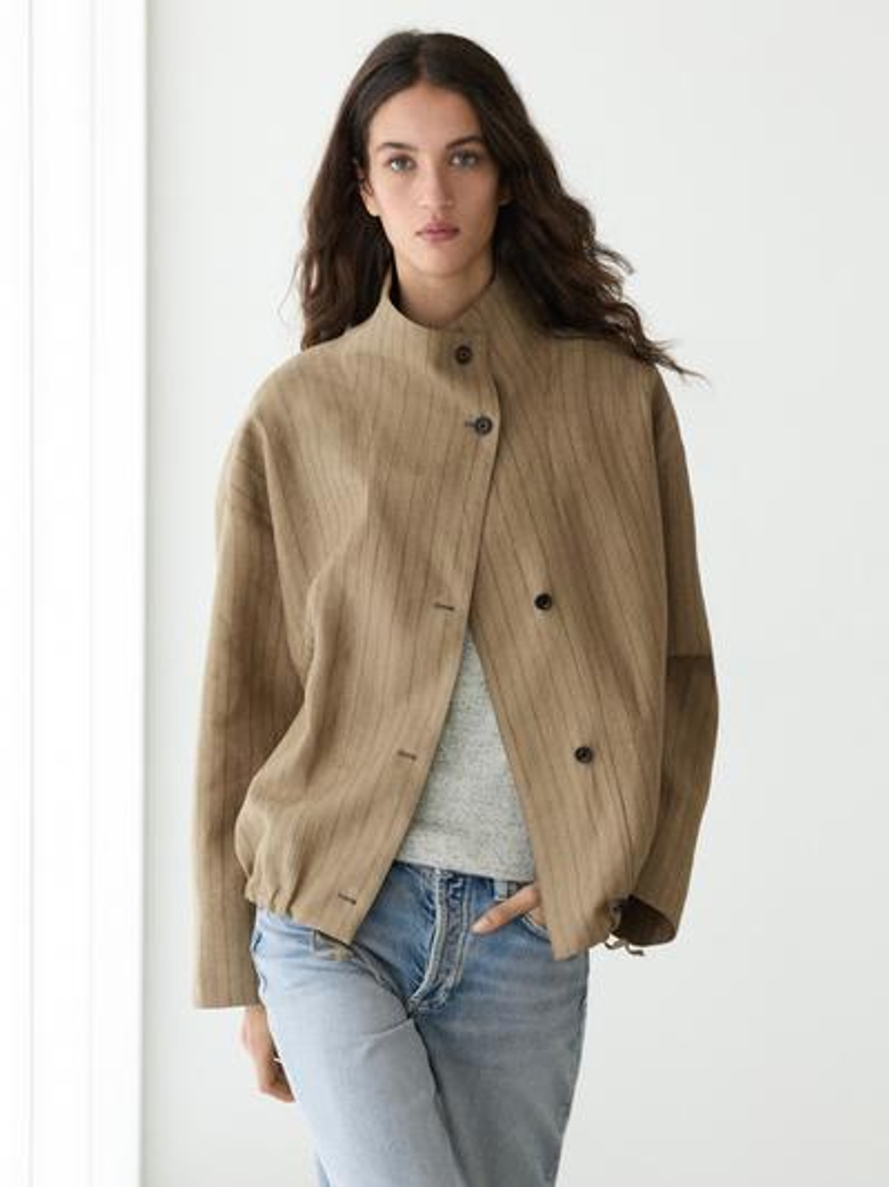 Massimo Dutti Бомбер из льняной смеси в полоску, пастельно-зеленый