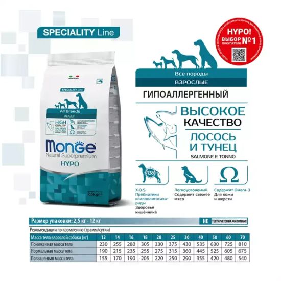 Monge Dog Speciality Hypo гипоаллергенный корм с лососем и тунцом для взрослых собак всех пород (12)