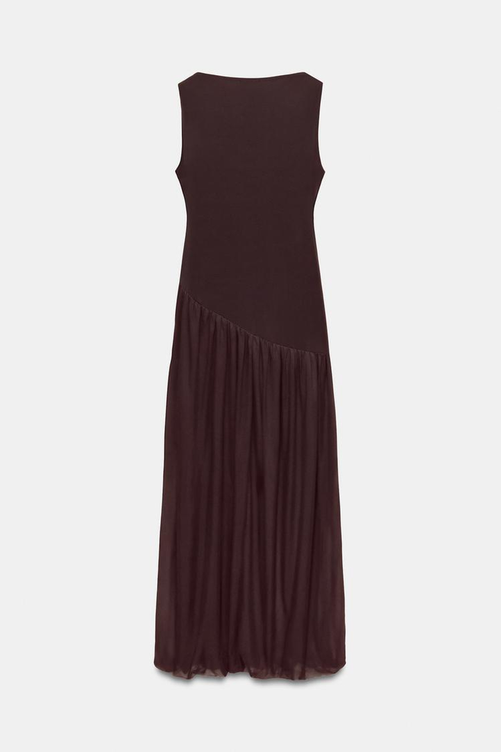 ZARA ДЛИННОЕ ПЛАТЬЕ ИЗ ПОЛУПРОЗРАЧНОЙ ТКАНИ, ТЕМНО-КОРИЧНЕВЫЙ