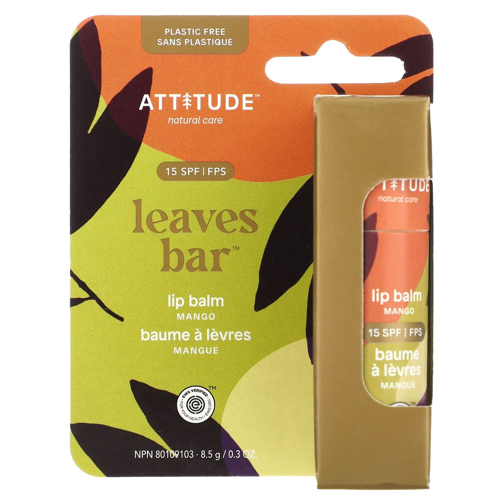 ATTITUDE, Leaves Bar, бальзам для губ, SPF 15, манго, 8,5 г (0,3 унции)