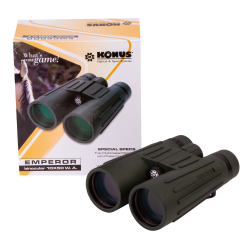 Бинокль Konus Emperor 10x50 WA Green — упаковка и бинокль