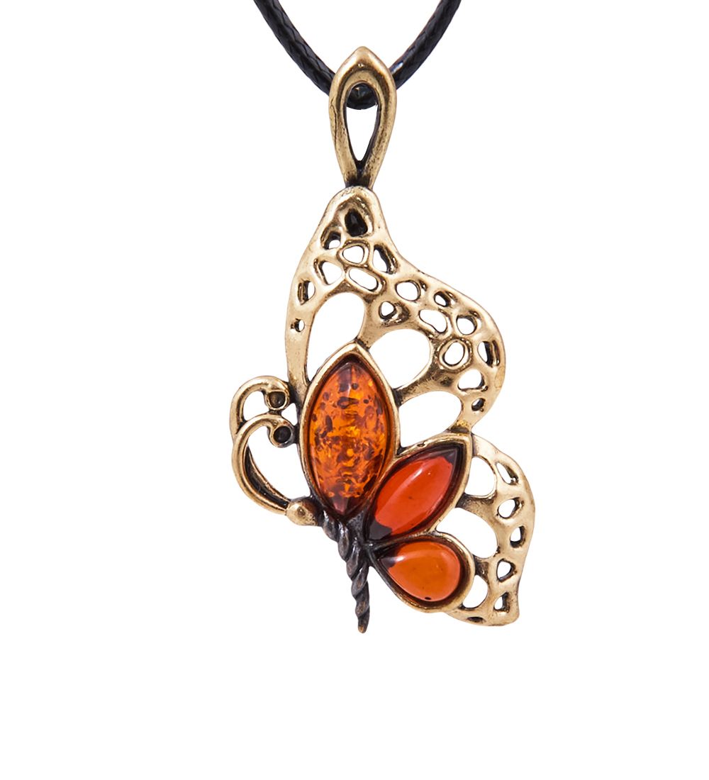 AM-3869 Подвеска «Бабочка Золотая» (латунь, янтарь)