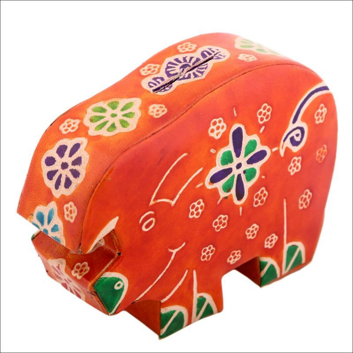 Копилка под мелочь Поросенок, цвет оранжевый, натуральная кожа, ручной принт, 12x9x3 см.